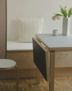 Artek Matbord Och Barbord-Aalto Table foldable DL81C Legs and edge band natural lacquered, top clay linoleum, drop-leaf