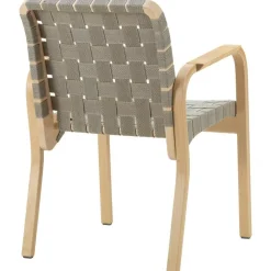 Armchair 45 Karmstol Svartlackerad yta, Klädsel i linne, Svartlackad Björk / Quiltat Läder Svart