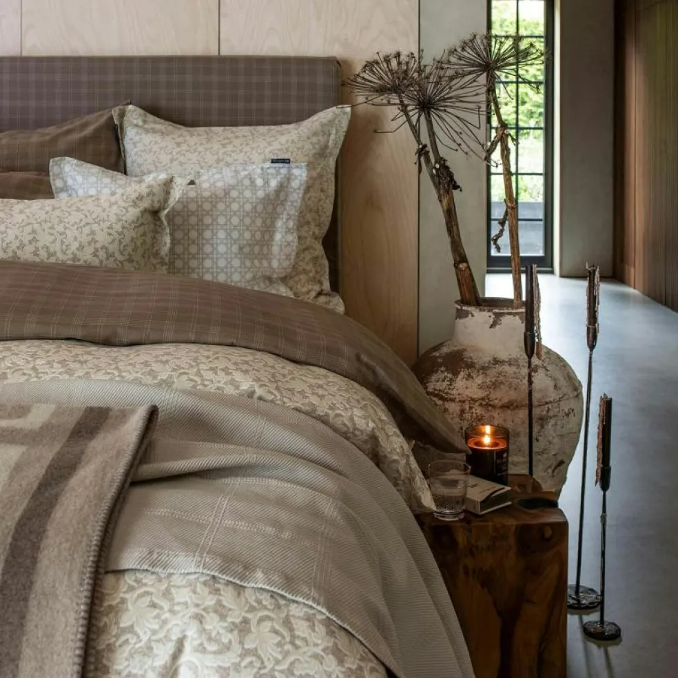 Checked Lyocell/Cotton Bäddset 220x220 cm, Brun/Vit