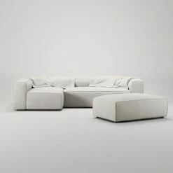 Grand 4-Sitssoffa Divan Vänster öppet avslut Med Fotpall Bouclétyg, Steam White