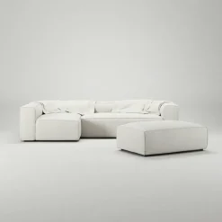 Grand 4-Sitssoffa Divan Vänster öppet avslut Med Fotpall Bouclétyg, Steam White