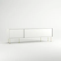 Vogue Mediabänk Med Ben 180 cm, Vitpigmenterad Ek / Mässing