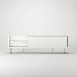 Vogue Mediabänk Med Ben 180 cm, Vitpigmenterad Ek / Mässing